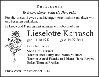 Traueranzeige von Lieselotte Karrasch von WVG - Wochenspiegel Merseburg