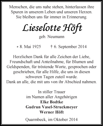 Traueranzeige von Lieselotte Höft von WVG - Wochenspiegel Aschersleben