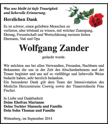 Traueranzeige von Wolfgang Zander von Super Sonntag Wittenberg