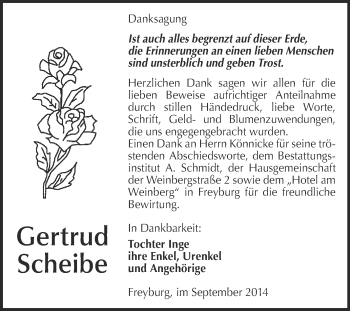 Traueranzeige von Gertrud Scheibe von WVG - Wochenspiegel NMB / WSF / ZTZ