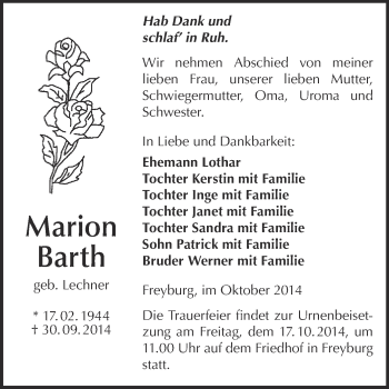 Traueranzeige von Marion Barth von WVG - Wochenspiegel NMB / WSF / ZTZ