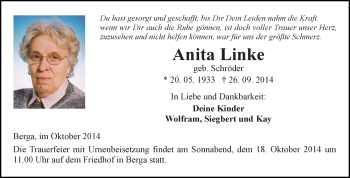 Traueranzeige von Anita Linke von WVG - Wochenspiegel SGH