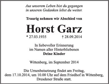 Traueranzeige von Horst Garz von Super Sonntag Wittenberg