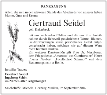 Traueranzeige von Gertraud Seidel von Super Sonntag Merseburg