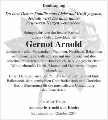 Traueranzeige von Gernot Arnold von WVG - Wochenspiegel Quedlinburg