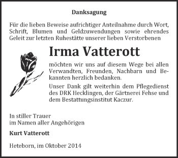 Traueranzeige von Irma Vatterott von WVG - Wochenspiegel Quedlinburg