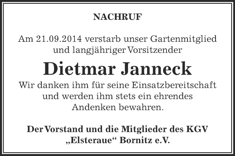  Traueranzeige für Dietmar Janneck vom 12.10.2014 aus Super Sonntag Zeitz