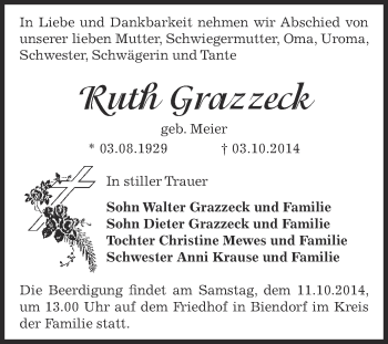 Traueranzeige von Ruth Grazzeck von WVG - Wochenspiegel Bernburg