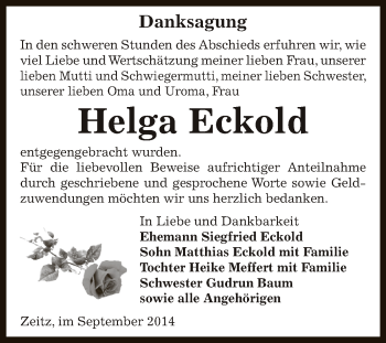 Traueranzeige von Helga Eckold von Super Sonntag Zeitz