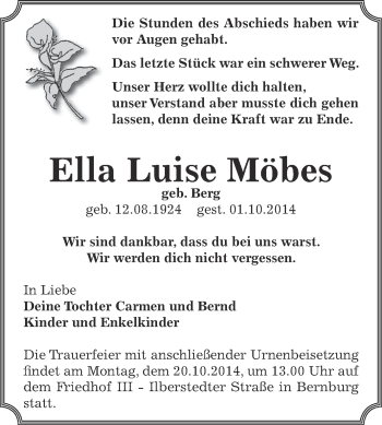 Traueranzeige von Ella Luise Möbes von Super Sonntag Bernburg