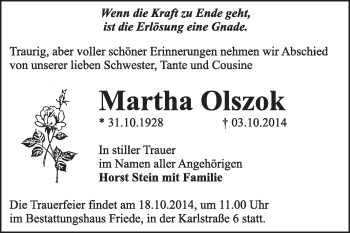 Traueranzeige von Martha  Olszok von Super Sonntag Dessau / Köthen