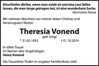 Traueranzeige von Theresia Vonend von Super Sonntag Dessau / Köthen