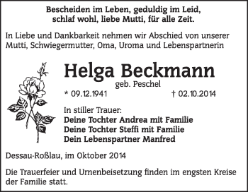 Traueranzeige von Helga Beckmann von Super Sonntag Dessau / Köthen