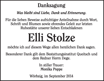 Traueranzeige von Elli Stolze von Super Sonntag Dessau / Köthen
