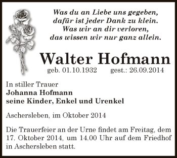 Traueranzeige von Walter Hofmann von WVG - Wochenspiegel Aschersleben