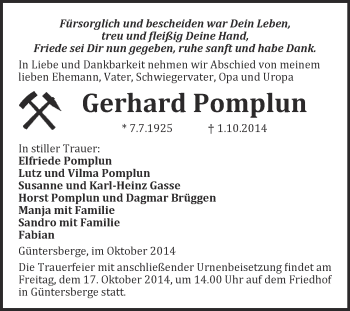 Traueranzeige von Gerhard Pomplun von WVG - Wochenspiegel Quedlinburg