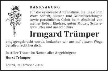 Traueranzeige von Irmgard Trümper von WVG - Wochenspiegel Merseburg