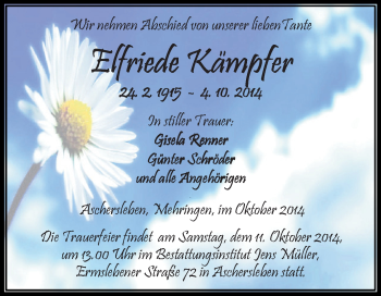 Traueranzeige von Elfriede Kämpfer von WVG - Wochenspiegel Aschersleben