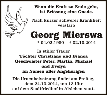 Traueranzeige von Georg Mierswa von Super Sonntag Bernburg