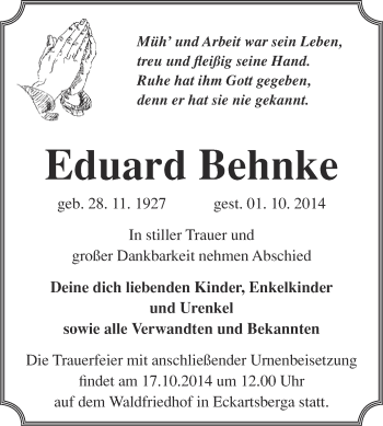 Traueranzeige von Eduard Behnke von WVG - Wochenspiegel NMB / WSF / ZTZ