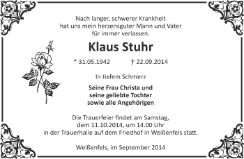 Traueranzeige von Klaus Stuhr von WVG - Wochenspiegel NMB / WSF / ZTZ