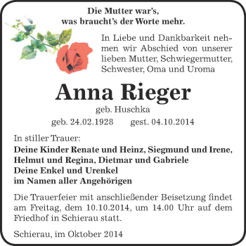 Traueranzeige von Anna Rieger von WVG - Wochenspiegel Bitterfeld