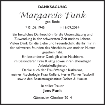 Traueranzeige von Margarete Funk von Super Sonntag Bernburg