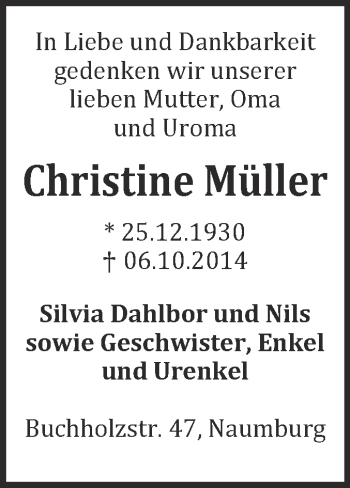Traueranzeige von Christine Müller von WVG - Wochenspiegel NMB / WSF / ZTZ