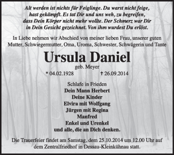 Traueranzeige von Ursula Daniel von Super Sonntag Dessau / Köthen