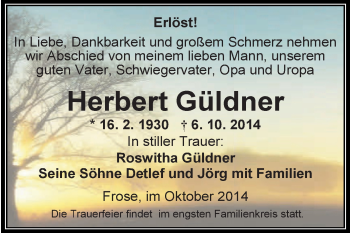 Traueranzeige von Herbert Güldner von WVG - Wochenspiegel Aschersleben