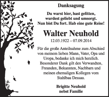 Traueranzeige von Walter Neuhold von Super Sonntag Dessau / Köthen