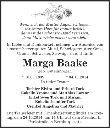 Traueranzeige von Marga Baake von Super Sonntag Bernburg