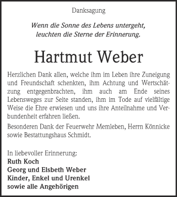 Traueranzeige von Hartmut Weber von WVG - Wochenspiegel NMB / WSF / ZTZ