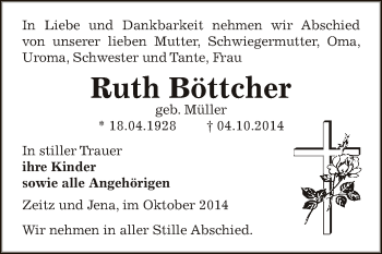 Traueranzeige von Ruth Böttcher von Super Sonntag Zeitz