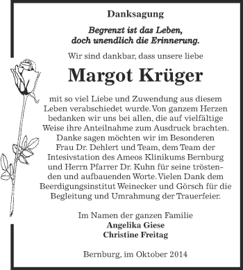 Traueranzeige von Margot Krüger von Super Sonntag Bernburg