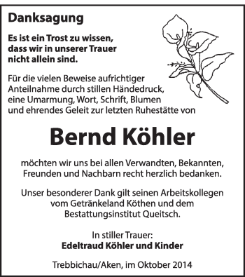 Traueranzeige von Bernd Köhler von Super Sonntag Dessau / Köthen