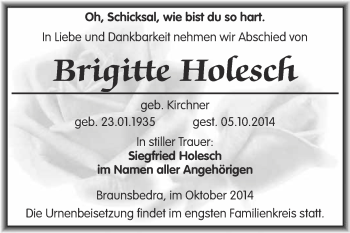 Traueranzeige von Brigitte Hotesch von WVG - Wochenspiegel Merseburg