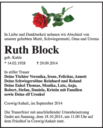 Traueranzeige von Ruth Block von Super Sonntag Wittenberg