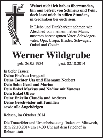 Traueranzeige von Werner Wildgrube von WVG - Wochenspiegel Wittenberg