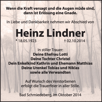 Traueranzeige von Heinz Lindner von Super Sonntag Wittenberg
