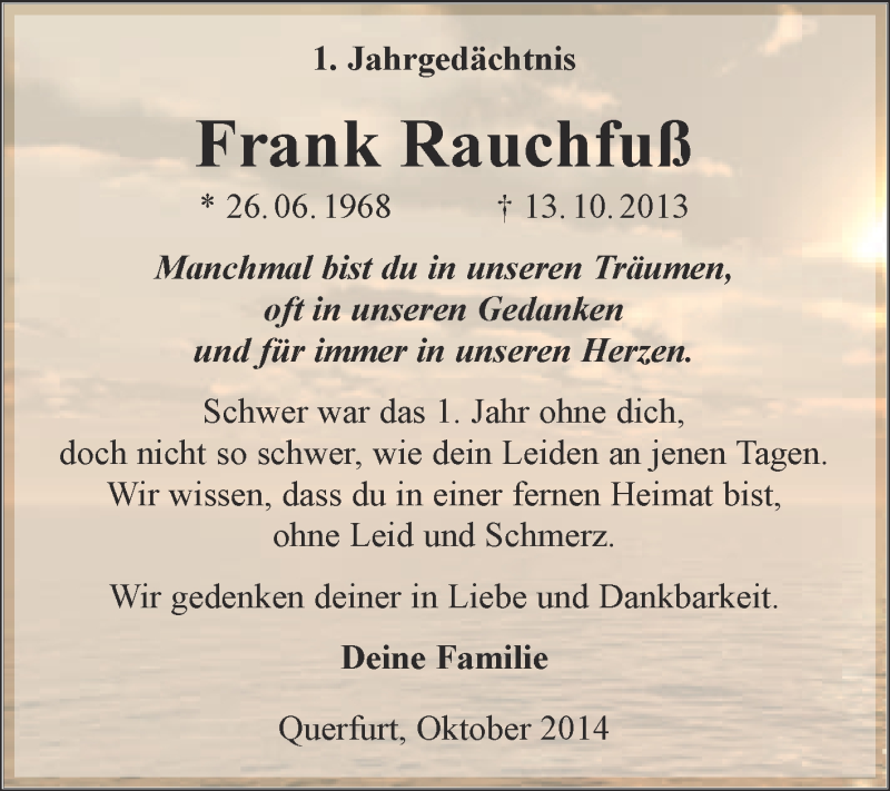  Traueranzeige für Frank Rauchfuß vom 12.10.2014 aus WVG - Wochenspiegel Merseburg