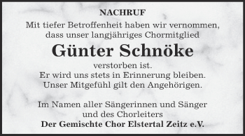 Traueranzeige von Günter Schnöke von Super Sonntag Zeitz
