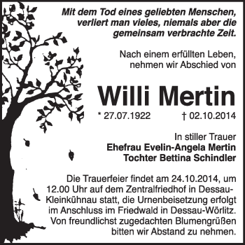 Traueranzeige von Willi Mertin von Super Sonntag Dessau / Köthen