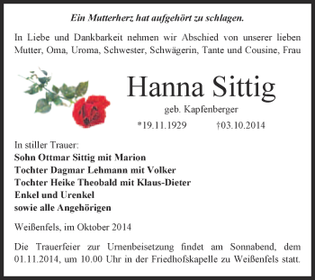 Traueranzeige von Hanna Sittig von Super Sonntag Merseburg