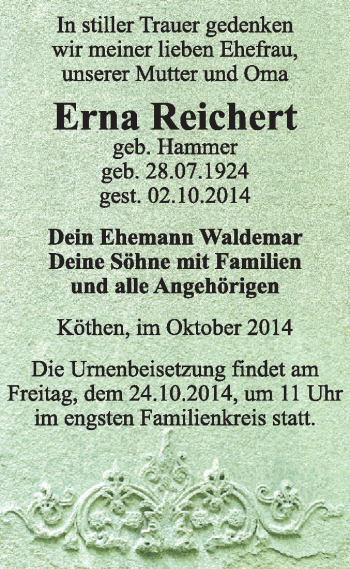 Traueranzeige von Erna Reichert von Super Sonntag Dessau / Köthen