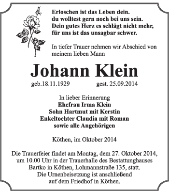 Traueranzeige von Johann Klein von Super Sonntag Dessau / Köthen