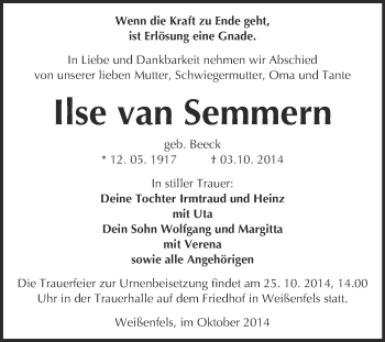 Traueranzeige von Ilse van Semmern von WVG - Wochenspiegel NMB / WSF / ZTZ