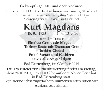 Traueranzeige von Kurt Magdans von Super Sonntag Merseburg