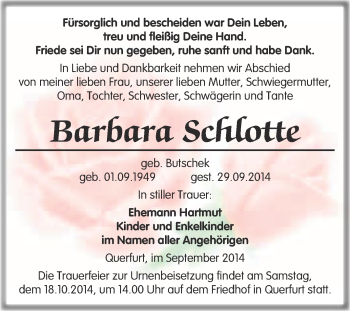 Traueranzeige von Barbara Schlotte von WVG - Wochenspiegel Merseburg
