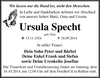 Traueranzeige von Ursula Specht von Super Sonntag Dessau / Köthen